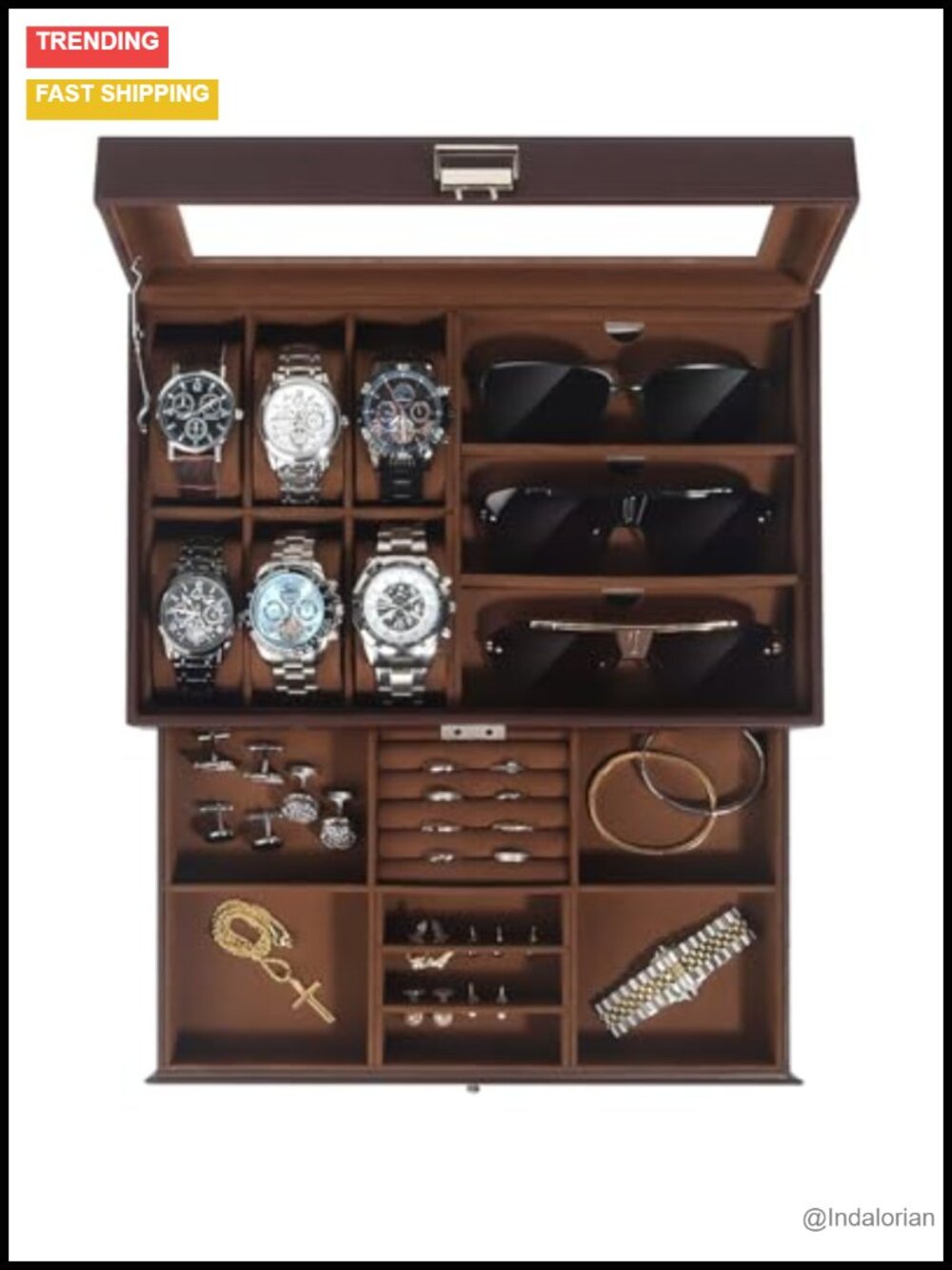 Mens PU Leather Watch Case Organizer 6 Watch Slots 3 Sunglass Glass Lid Lock